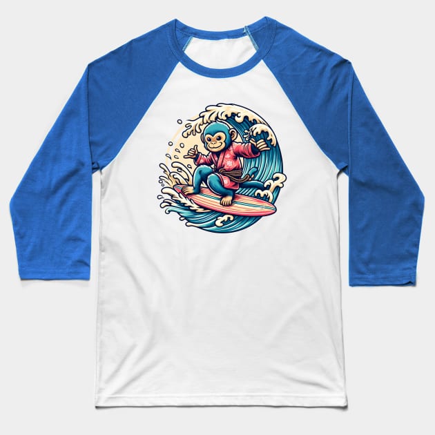 Surfing monkey Baseball T-Shirt by Japanese Fever
